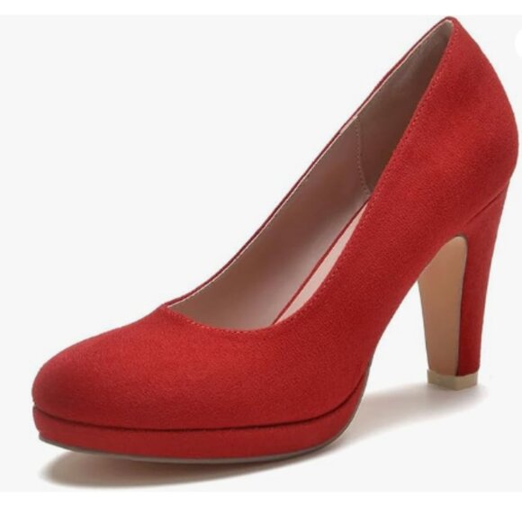 miss left Red Low Platform Chunky High Heel Slip On Closed Round Toe Pump - Picture 1 of 8